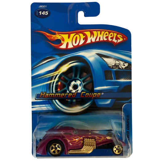 Hot Wheels Hammered Coupe – 2006 Mainline #145 – Purple with Gold Flames – Chrome Engine Fantasy Rod