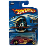 Hot Wheels Hammered Coupe – 2006 Mainline #145 – Purple with Gold Flames – Chrome Engine Fantasy Rod