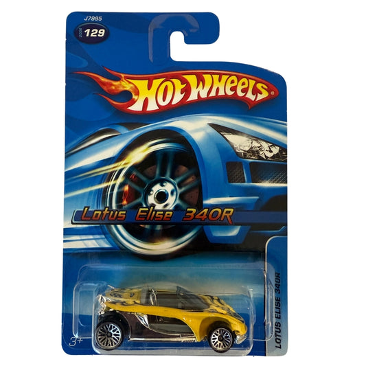 Hot Wheels Lotus Elise 340R 2005 #129 – Yellow Black British Sports Car – Rare Die-Cast Collectible – Mint on Card