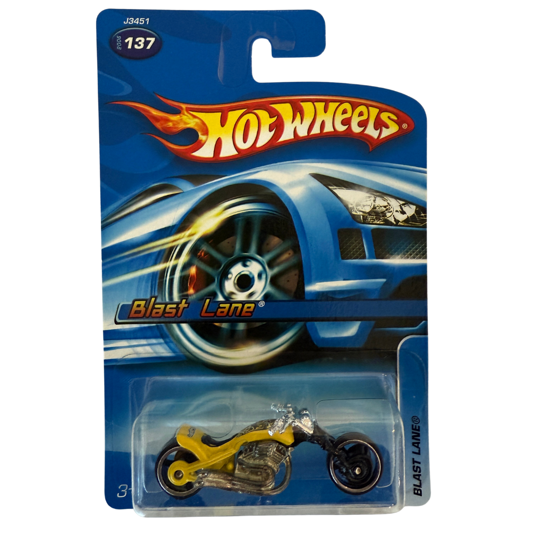 2006 Hot Wheels Blast Lane Motorcycle – Yellow Chrome Chopper | Collector #137 | Die-Cast Bike